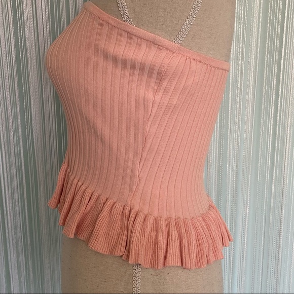 Pink Color Knit Stretchy Ribbed Ruffle Tube Top Size Small - Picture 3 of 15